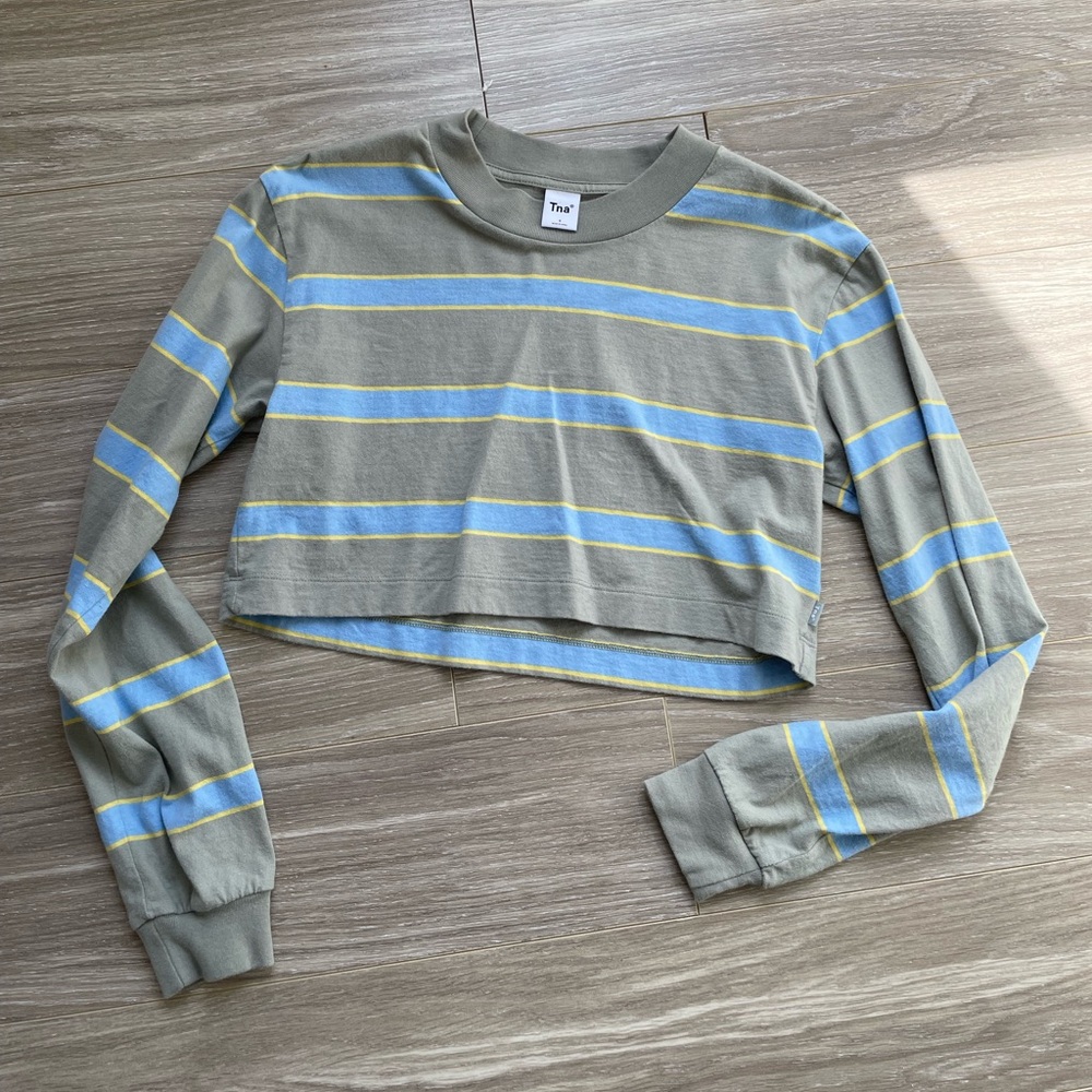 TNA Olive Green Cropped Long Sleeve Tee with Blue and Yellow Stripes